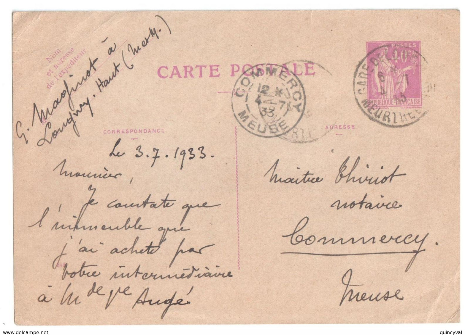GARE DE LONGWY Carte Postale Entier 40c Paix Dest Commercy Ob 1933 Yv  281-CP1 Mill 249 - Cartes Postales Types Et TSC (avant 1995)