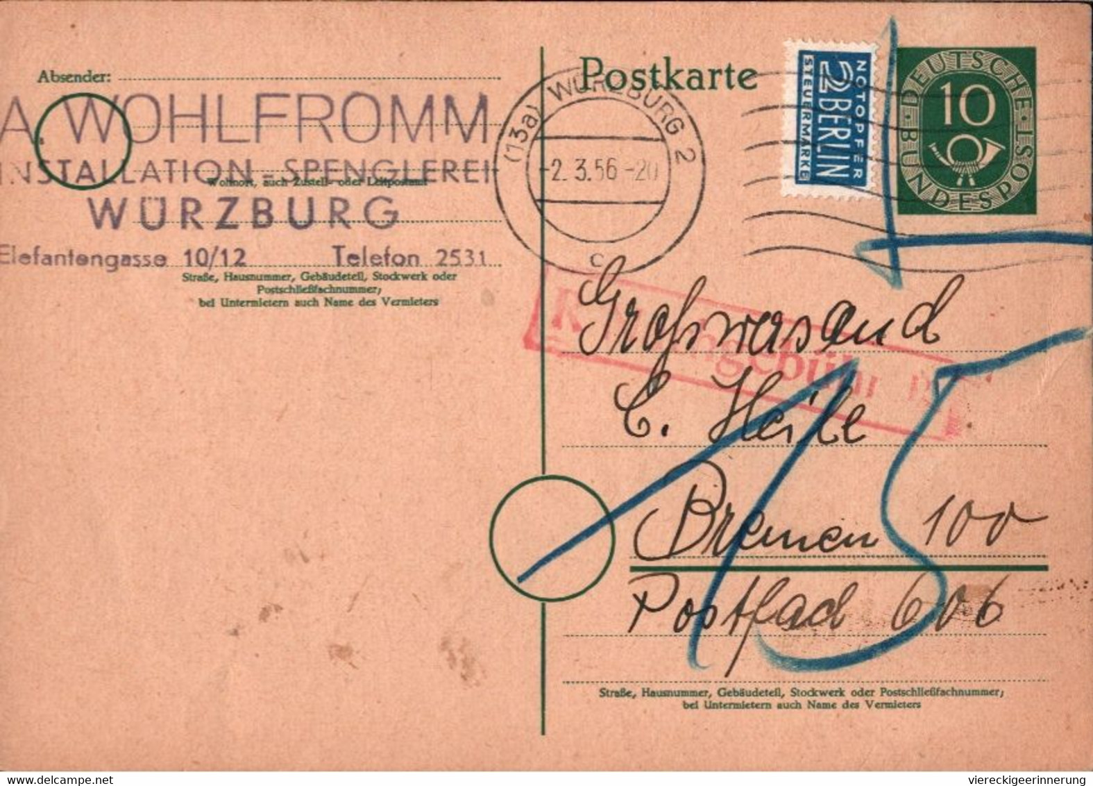 ! Bund 1951, 10 Pfg. Posthorn Ganzsache, Würzburg N. Bremen, P12 B, Nachgebühren - Postkarten - Gebraucht