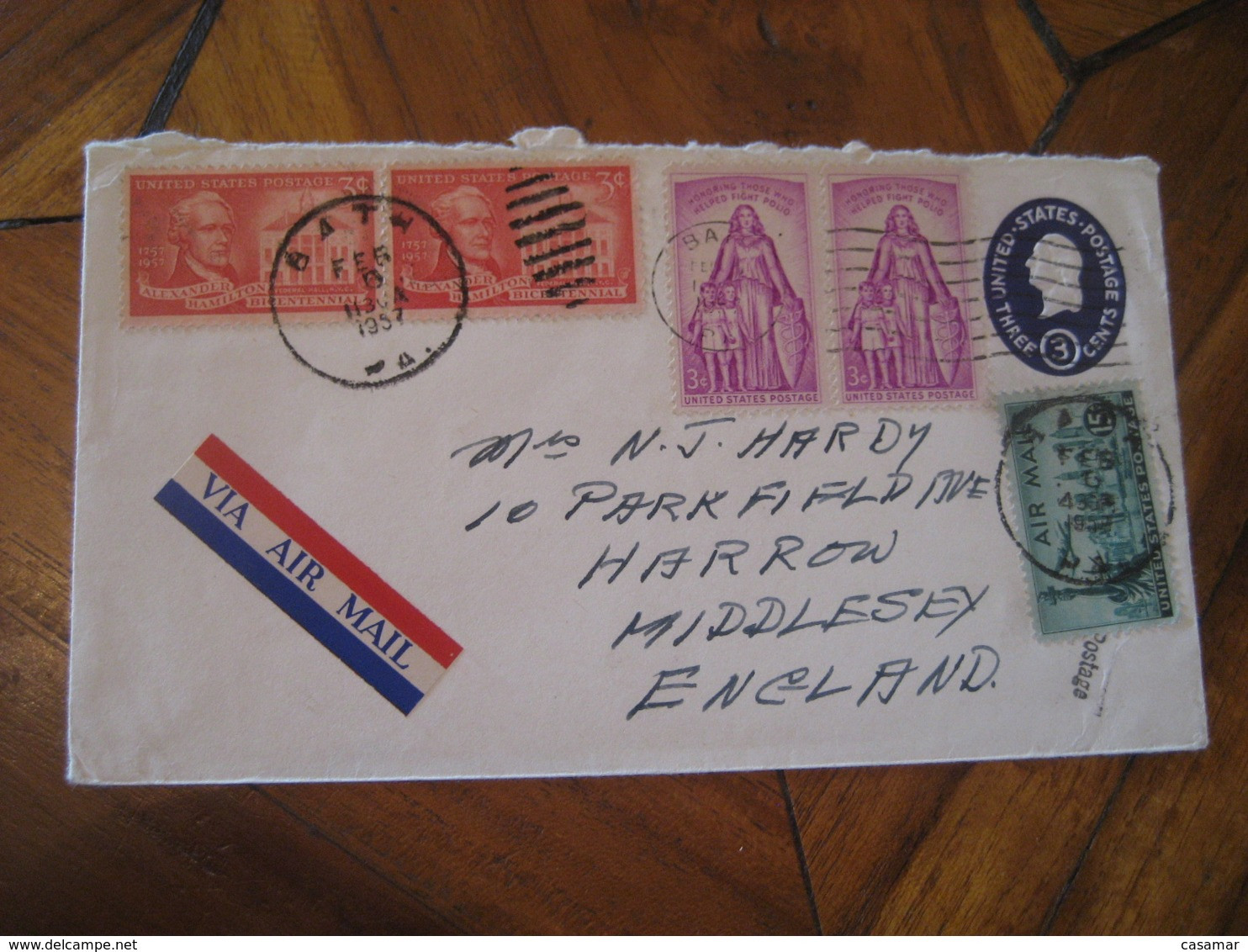 BATH Northampton Pennsylvania PA 1957 To Middlesex England 5 Stamp On Air Mail U533 Postal Stationery Cover USA - 1941-60