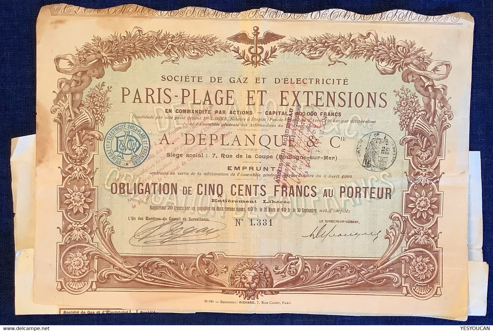 RARE ! 1909 SOCIÉTÉ DE GAZ ET ELECTRICITÉ PARIS-PLAGE OBLIGATION (action Share Emprunt Le-Touquet Pas-de-Calais France - Electricité & Gaz