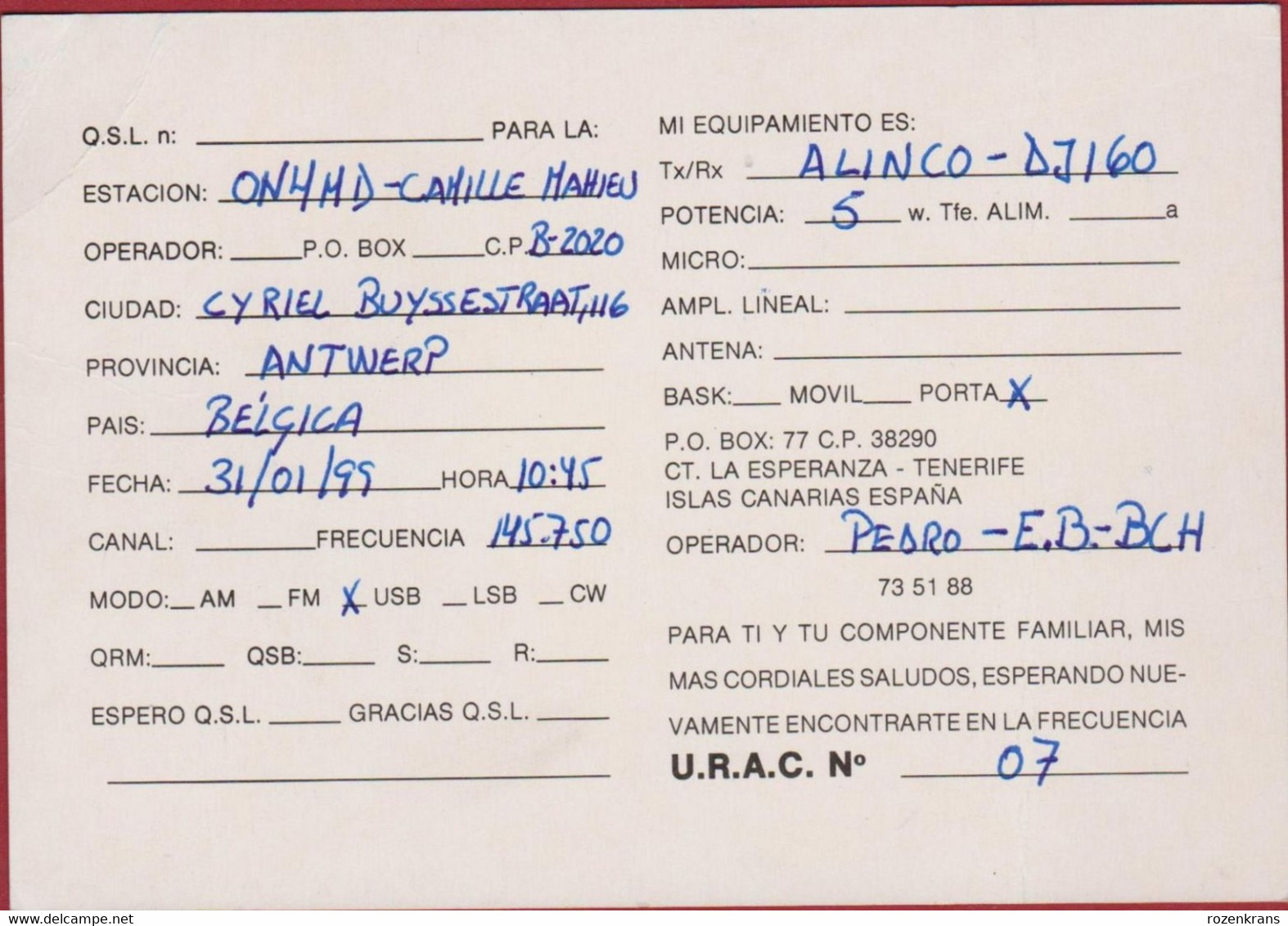 QSL Card Amateur Radio Station CB Canary Islands Islas Canarias (big Folds) 1999 Canarische Eilanden Santa Cruz Antwerp - Amateurfunk