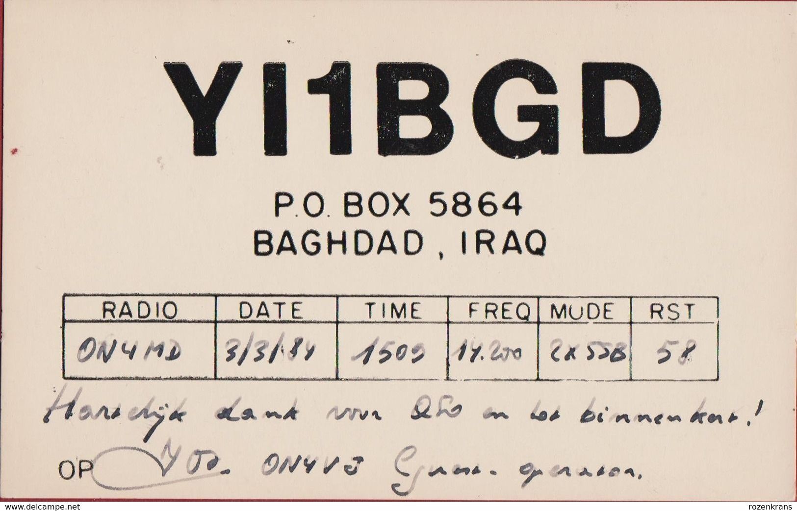 QSL Card Radio Amateur Radio Funkkarte YI1BGD Baghdad Iraq 1984 Irak - Radio Amatoriale