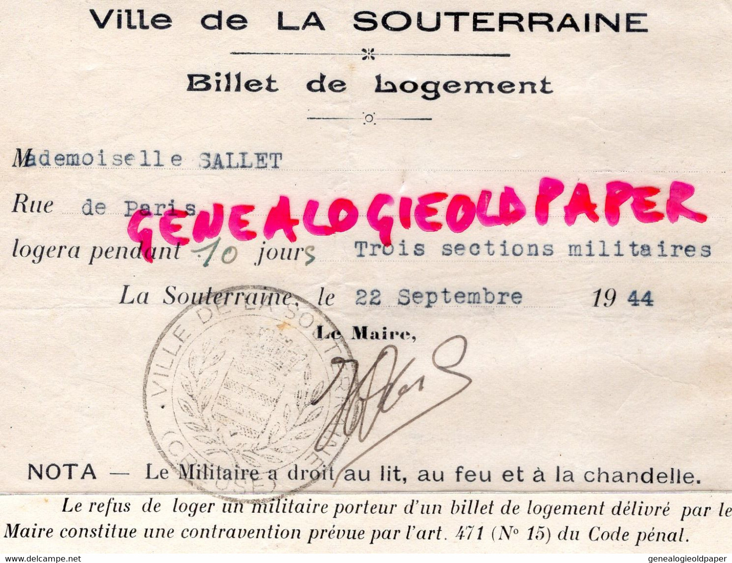 23- LA SOUTERRAINE -RARE BILLET DE LOGEMENT MLLE SALLET- RUE DE PARIS -22 SEPT. 1944- GUERRE 1939-1945- RESISTANCE-WW2- - Historical Documents