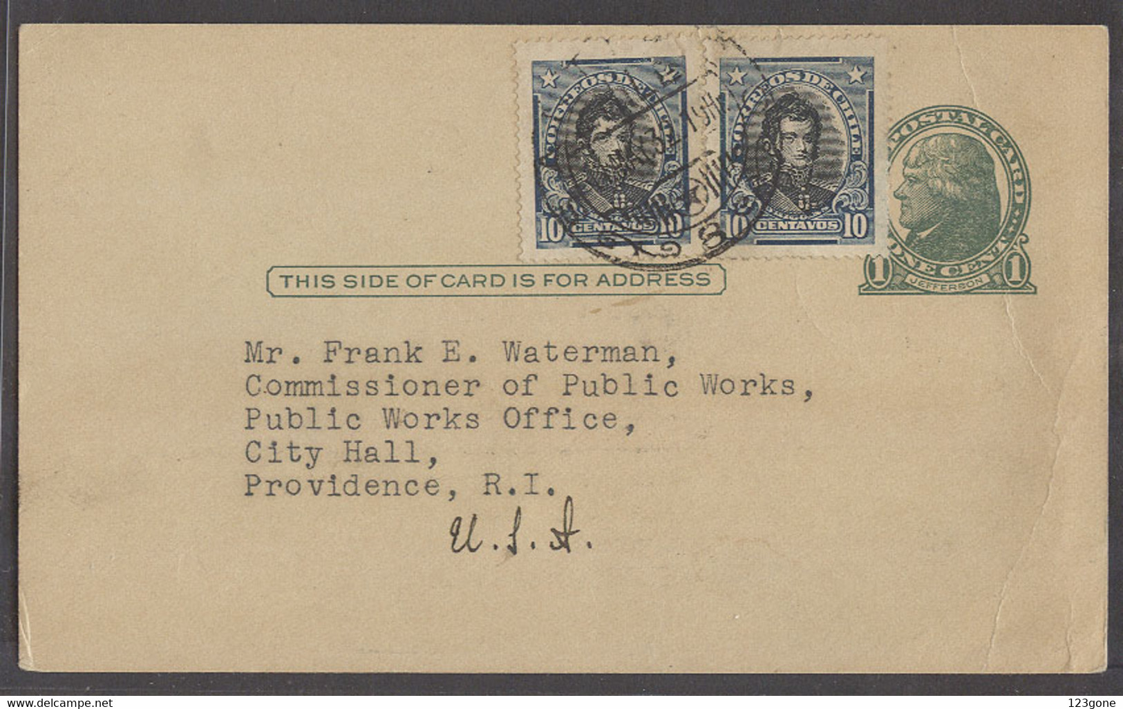 USA - Stationery. 1932 (11 May).  Santiago, Chile - Providence, RI. Reply Half 1c Green Stat Card + Adtl 10 Cts (x2), Ti - Altri & Non Classificati