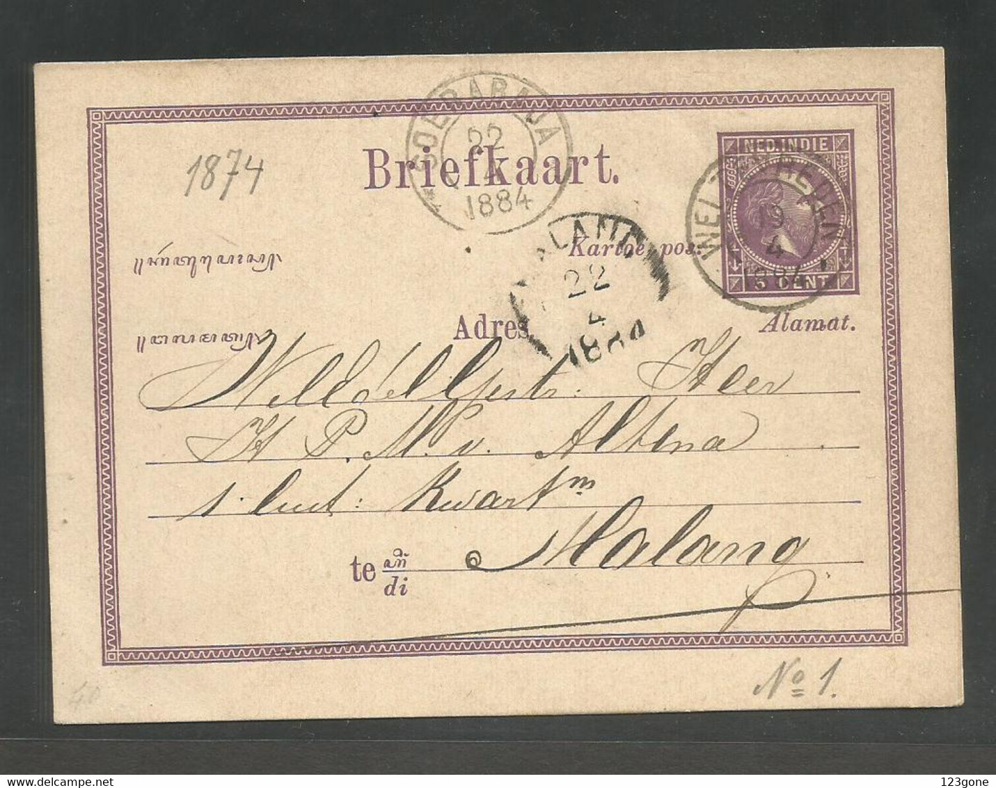 DUTCH INDIES. 1884 (22 April). Weltwreden - Malang. 5c Intense Violet Stat Card. Fine Locally Used Transit On Front. SAL - Indes Néerlandaises