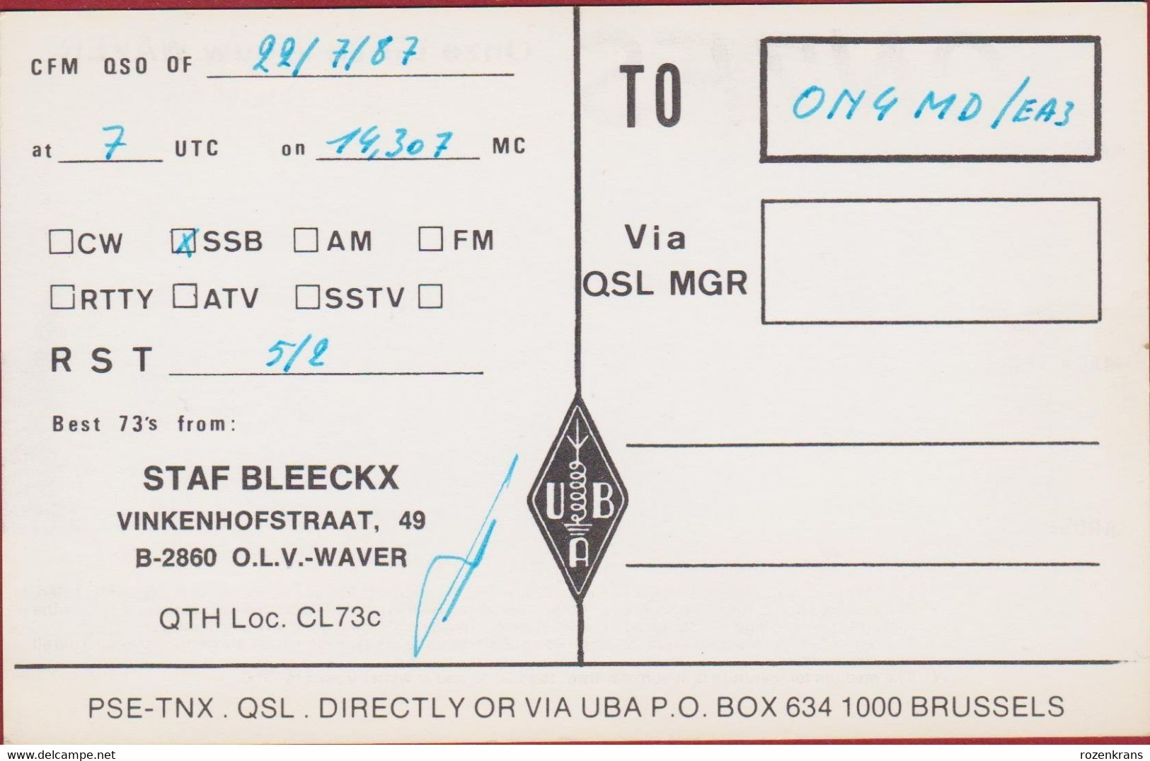 QSL Card Amateur Radio CB Onze Lieve Vrouw Waver OLV Mechelen 1987 Vinkenhofstraat Staf Bleeckx - Amateurfunk