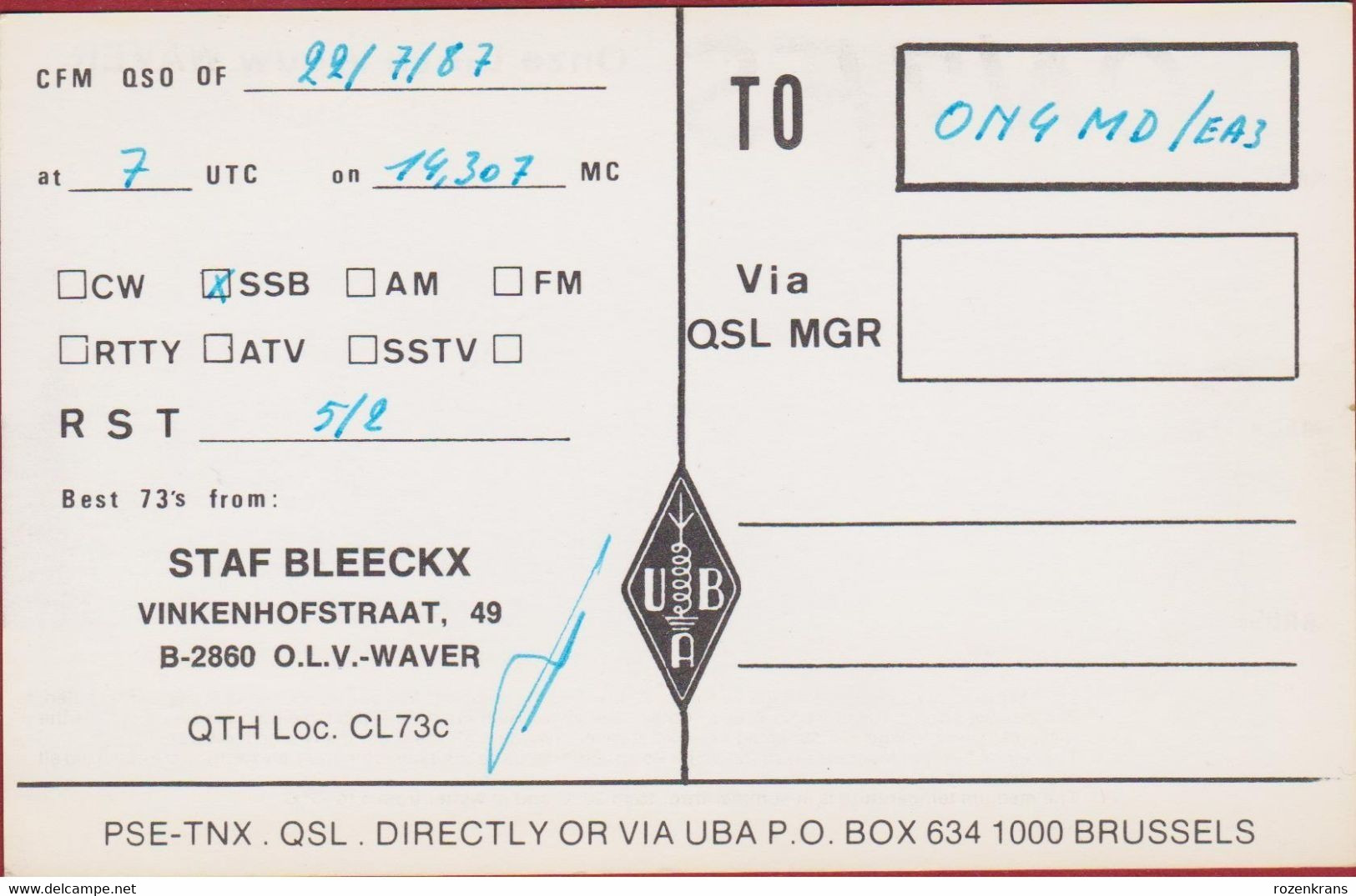 QSL Card Amateur Radio CB Onze Lieve Vrouw Waver OLV Mechelen 1987 Vinkenhofstraat Staf Bleeckx - Radio Amateur