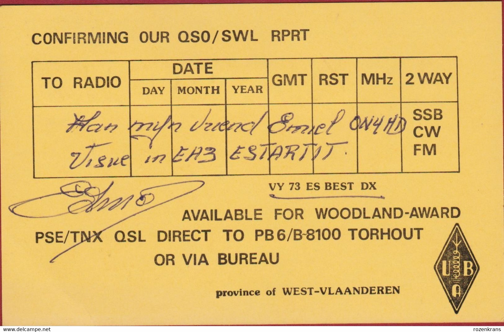 QSL Card Amateur Radio Station CB Torhout Woodland Award Houtland - Amateurfunk