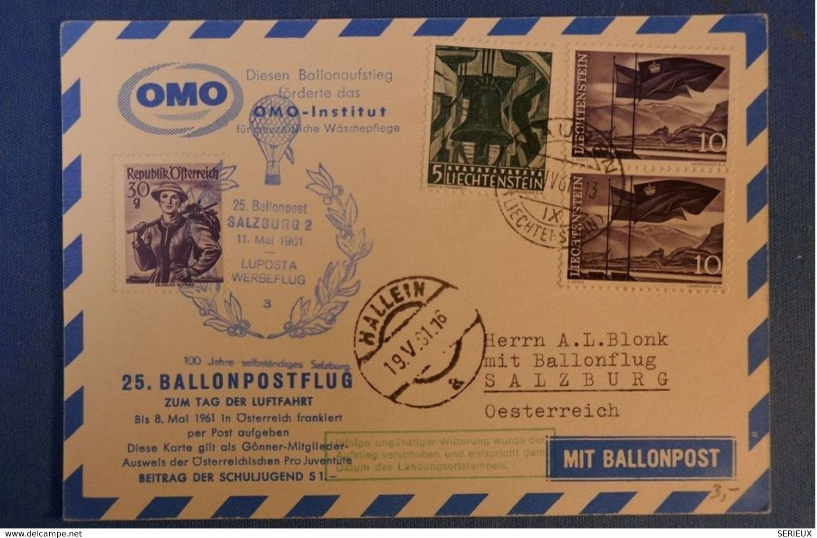 E9 LIECHTENSTEIN BELLE CARTE 1961 PAIRE TIMBRES BINATIONALITéS A SALZBURG PAR BALLONPOSTFLUG BEL AFFRANCHISSEMENT - Aéreo