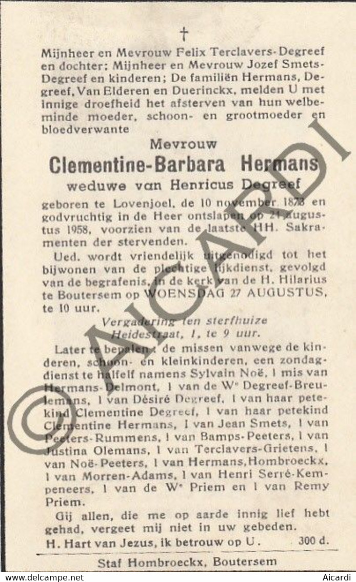 Clementine Barbara HERMANS °1873 Lovenjoel †1958 - Henricus DEGREEF (F349) - Devotieprenten