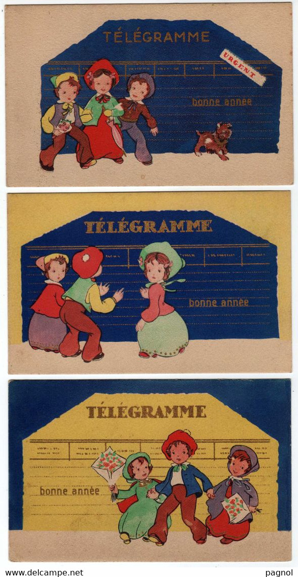 Télégramme : 3 Cartes : Enfants - Bonne Année - Año Nuevo