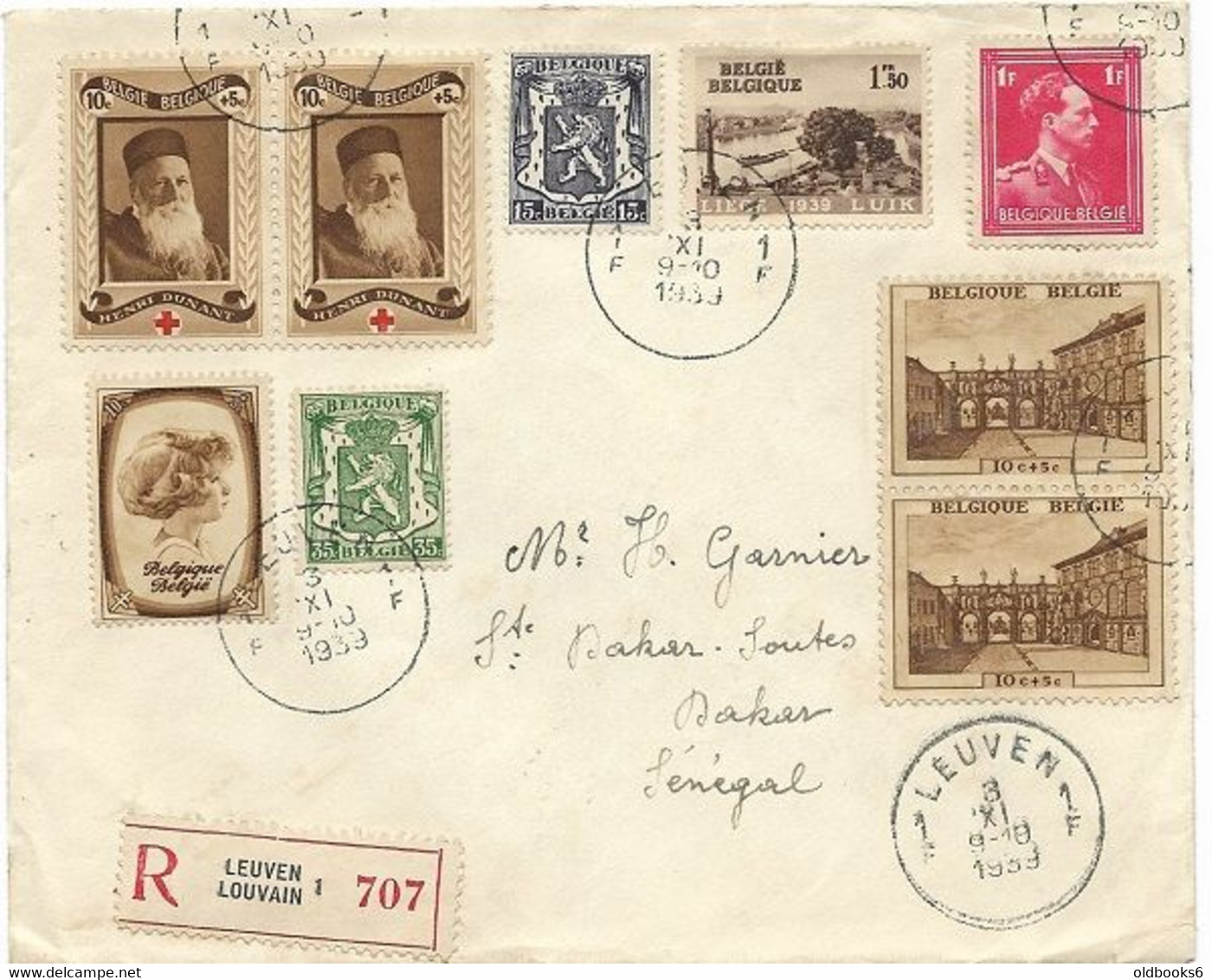 BELGIEN BELGIE BELGIQUE 1939, Reco-Brief Von LEUVEN Nach Dakar/SENEGAL U.a. Rotes Kreuz Frankiert - 1929-1941 Groot Montenez