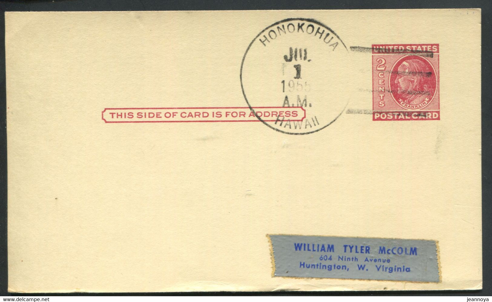 HAWAI -  ENTIER POSTAL 2c. ROUGE O.M. HONOKOHUA LE 1/7/1955 POUR USA - TB & R - Hawaii