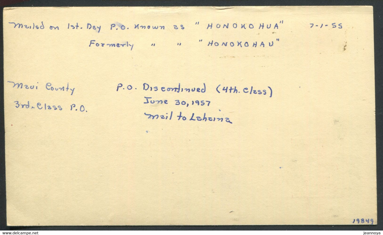 HAWAI -  ENTIER POSTAL 2c. ROUGE O.M. HONOKOHUA LE 1/7/1955 POUR USA - TB & R - Hawaii