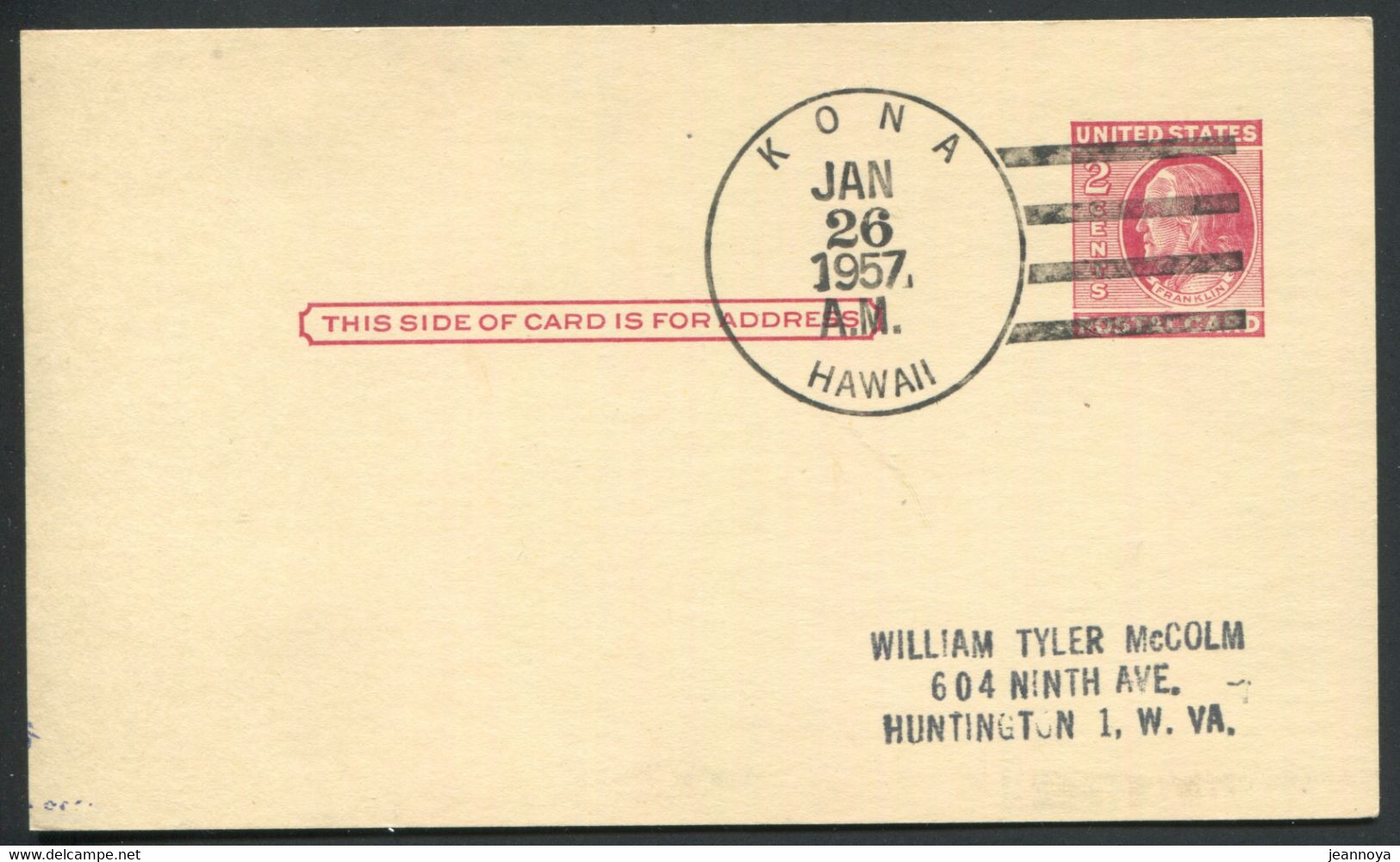 HAWAI -  ENTIER POSTAL 2c. ROUGE O.M. KONA LE 26/1/1957 POUR USA - TB & R - Hawaï