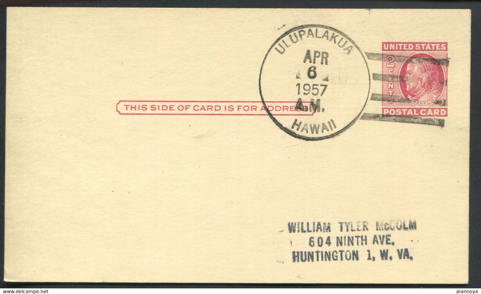 HAWAI -  ENTIER POSTAL 2c. ROUGE O.M. ULUPALAKUA LE 6/4/1957 POUR USA - TB & R - Hawaii