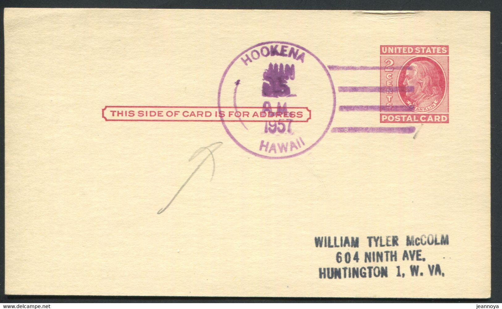 HAWAI -  ENTIER POSTAL 2c. ROUGE O.M. HOOKENA EN VIOLET LE 15/6/1957 POUR USA - TB & R - Hawaii