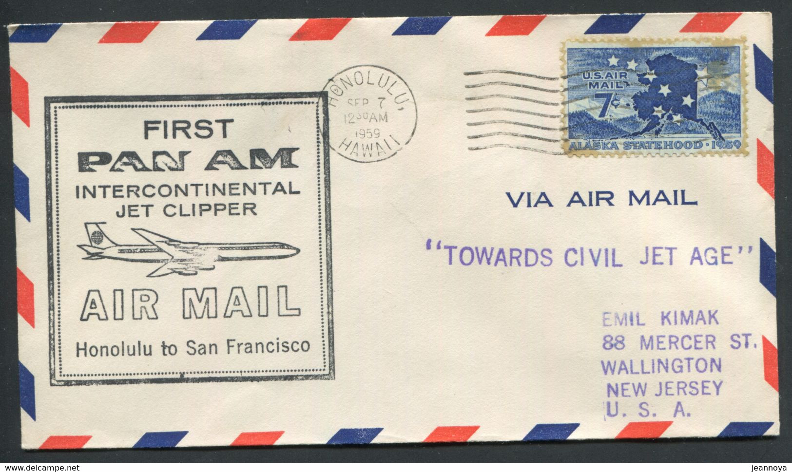 HAWAI -  USA PA N° 52 / 1er. VOL PAN AM, HONOLULU - SAN FRANCISCO LE 7/9/1959 POUR USA - SUP - Hawaï