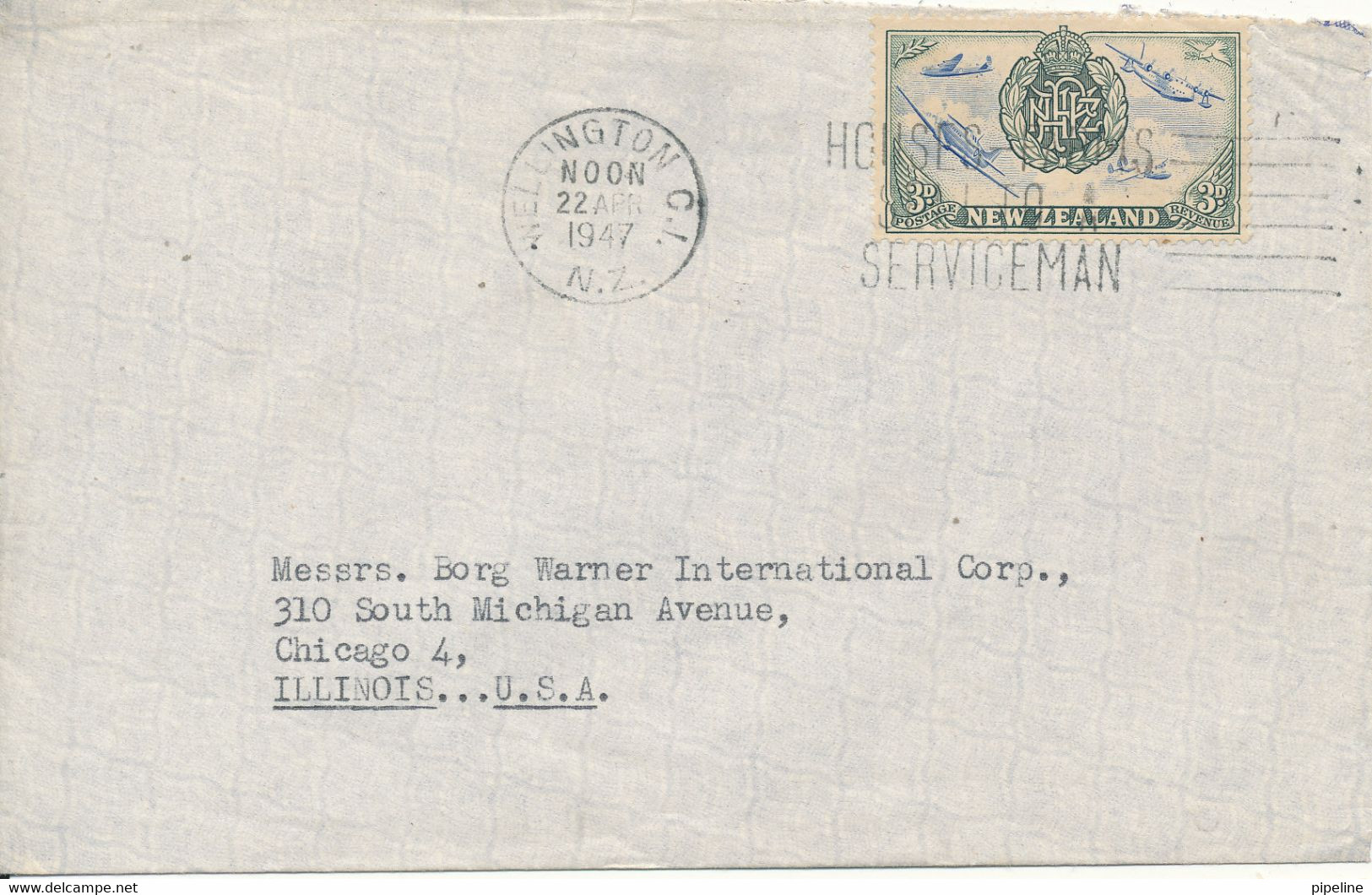 New Zealand Air Mail Cover Sent To USA Wellington 22-4-1947 Single Franked - Airmail