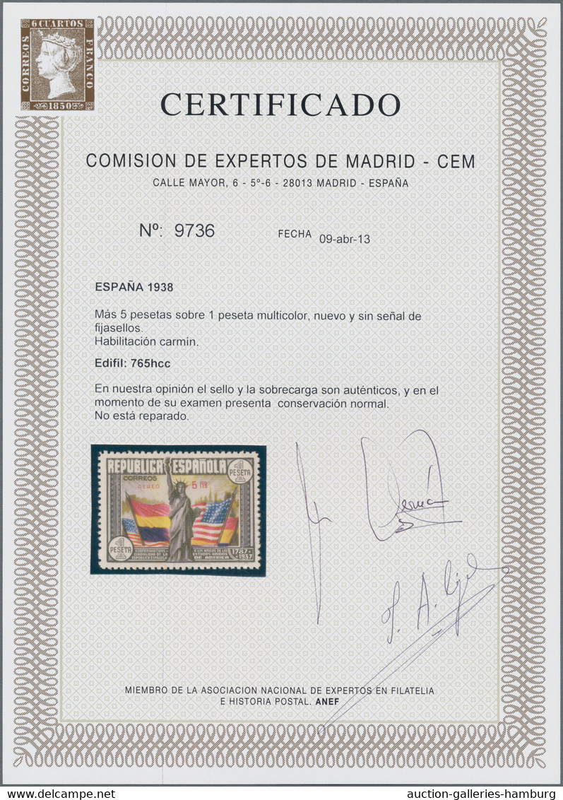 Spanien: 1938, 150th Anniversary Of U.S. Constitution, Airmail Stamp 1pts.+5pts. With Overprint In C - Neufs