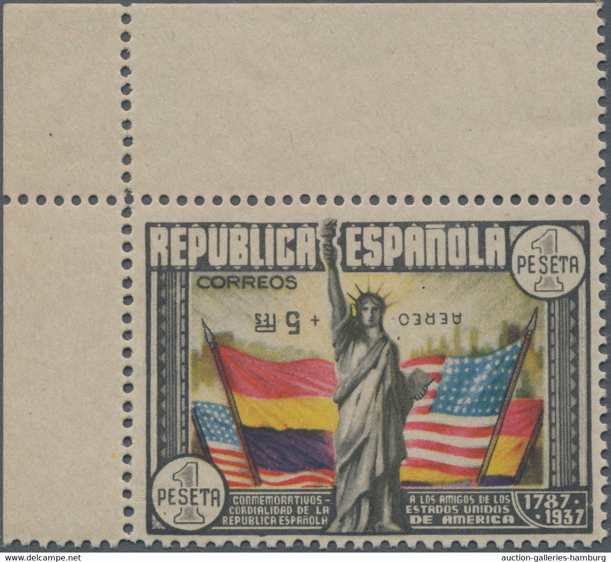 Spanien: 1938, 150th Anniversary Of U.S. Constitution, Airmail Stamp 1pts.+5pts. With Inverted Surch - Neufs