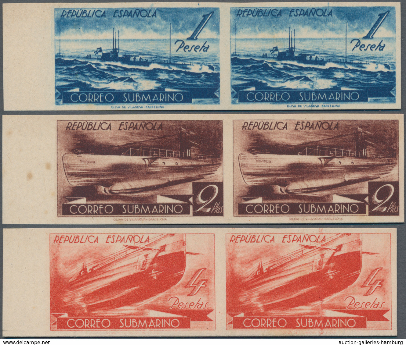 Spanien: 1938, Submarine Mail, Complete Set In Imperforate Horizontal Left Marginal Pairs On Cardboa - Neufs