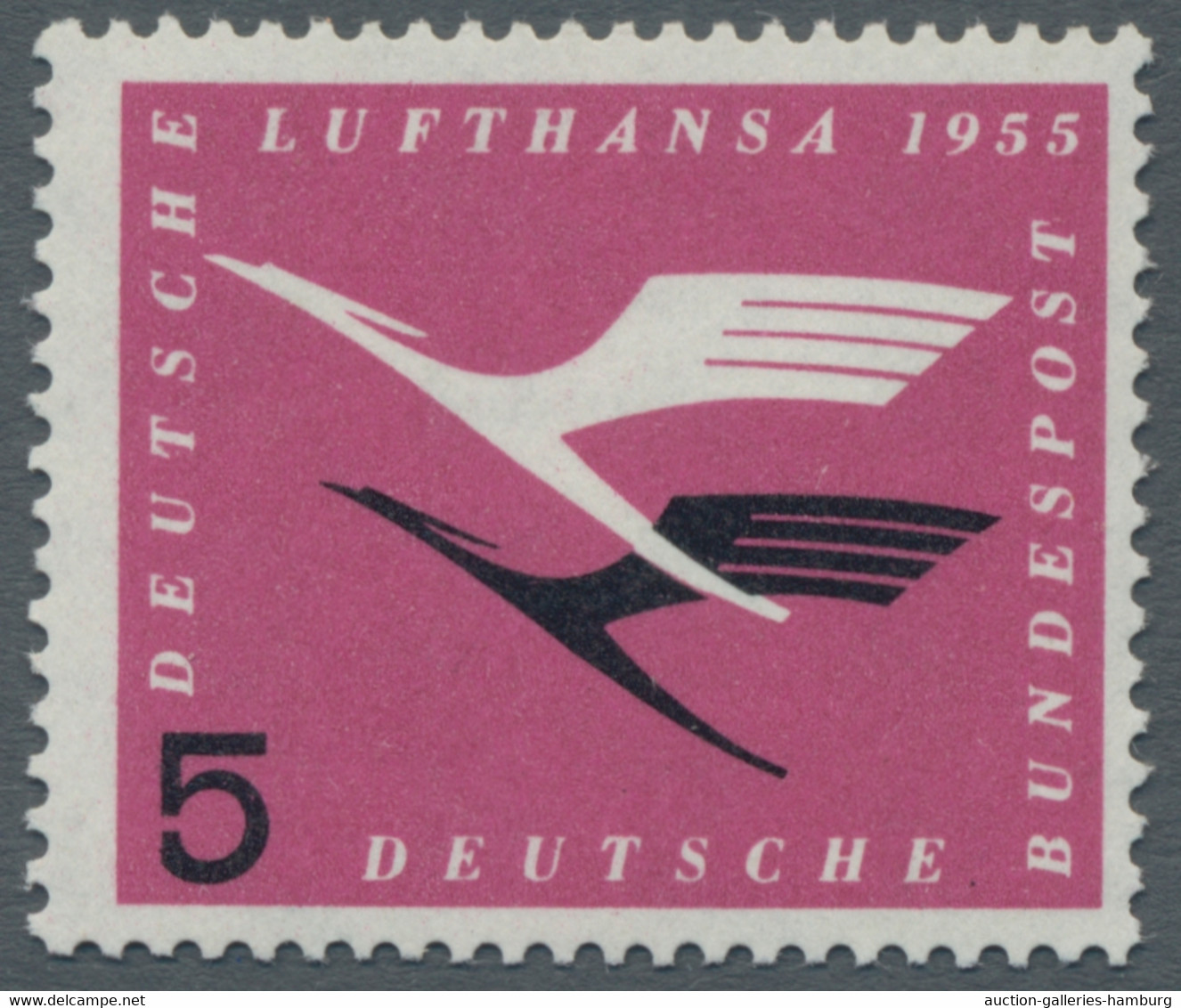 Bundesrepublik Deutschland: 1955, Lufthansa 5 Pfennig Rosalila/schwarz Mit Plattenfehler: "Abgeschla - Ungebraucht