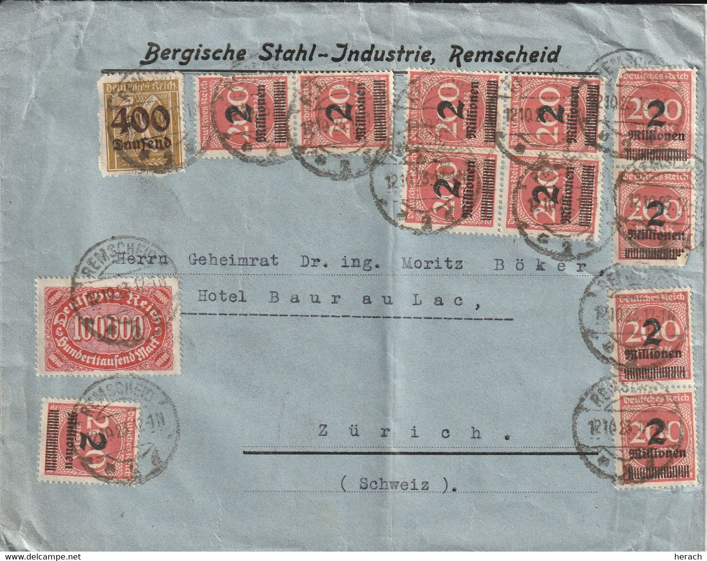 Allemagne Lettre Inflation Remscheid Pour La Suisse 1923 - Briefe U. Dokumente