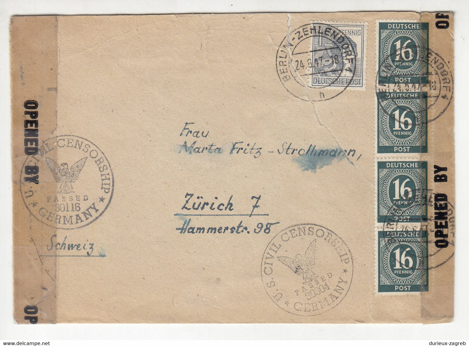 Allied Occupation Letter Cover Posted 1947 Berlin-Zehlendorf - US Civil Censorship B211015 - Sonstige & Ohne Zuordnung