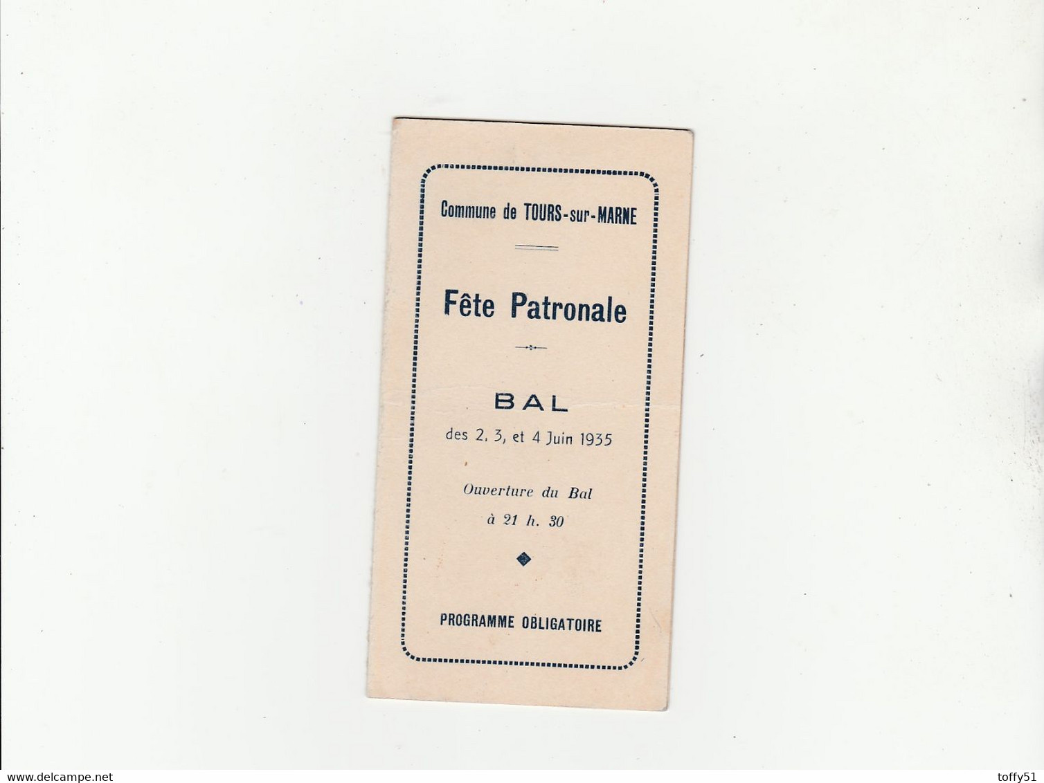 PROGRAMME DES DANSES BAL FÊTE PATRONALE JUIN 1935 TOURS SUR MARNE (51) LI SUR LE MILIEU - Other & Unclassified