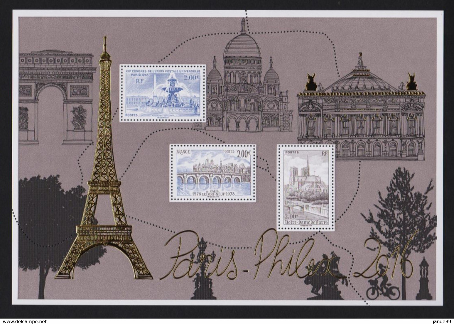 FRANCE 2016 - N° F5048 - BLOC FEUILLET DORE "Vues De Paris" -  Bloc De 3 Timbres à 2€ - Neuf** - Ungebraucht