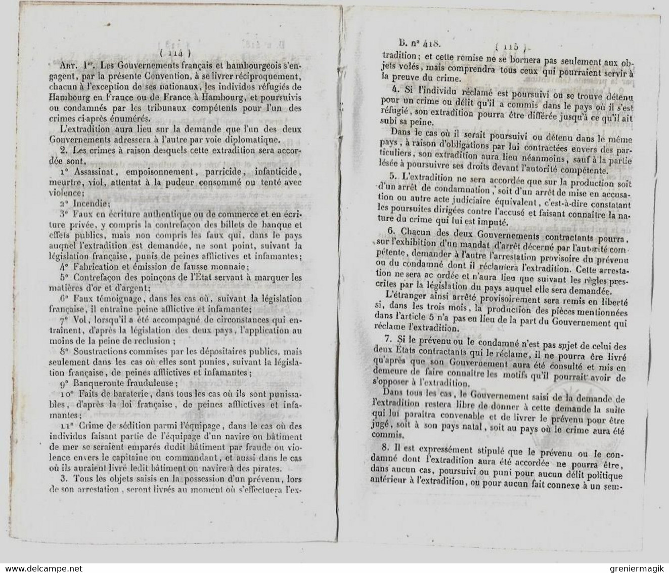 Bulletin Des Lois 418 1851 Convention D'Extradition France-Nouvelle Grenade (Colombie) Et France-Ville Libre De Hambourg - Wetten & Decreten