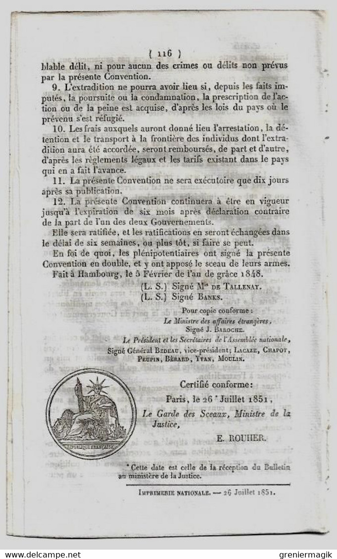 Bulletin Des Lois 418 1851 Convention D'Extradition France-Nouvelle Grenade (Colombie) Et France-Ville Libre De Hambourg - Wetten & Decreten