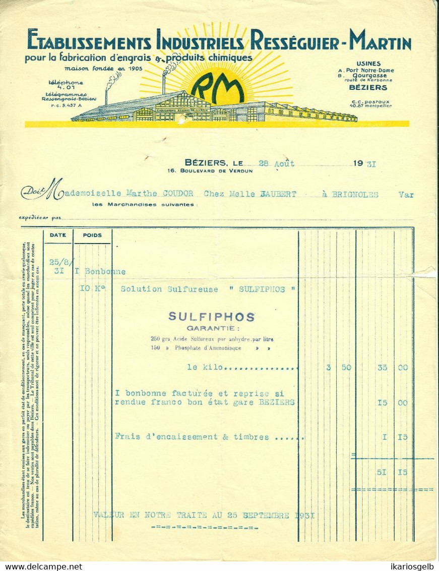 Beziers ( Herault ) Facture Decorative 1931 " Ets Industriels RESSEGUIER-Martin Fabrique Engrais + Produit Chimiques " - Droguerie & Parfumerie