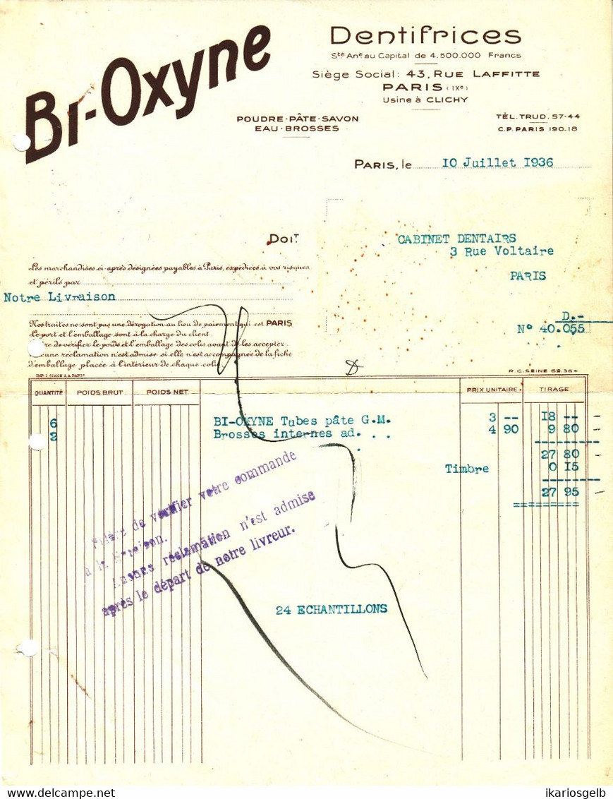 Paris & Clichy Facture Decorative 1936 " Bi-Oxyne Dentifrices Poudre Pate Savon Brosses " - Droguerie & Parfumerie