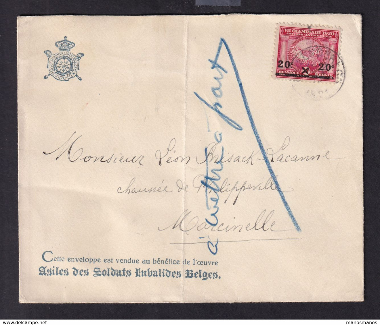 DDAA 338 - JEUX OLYMPIQUES ANVERS 1920 - Les 3 Valeurs Surchargéees 20 C Sur 3 Lettres De 1921 En Courrier Intérieur - Sommer 1920: Antwerpen