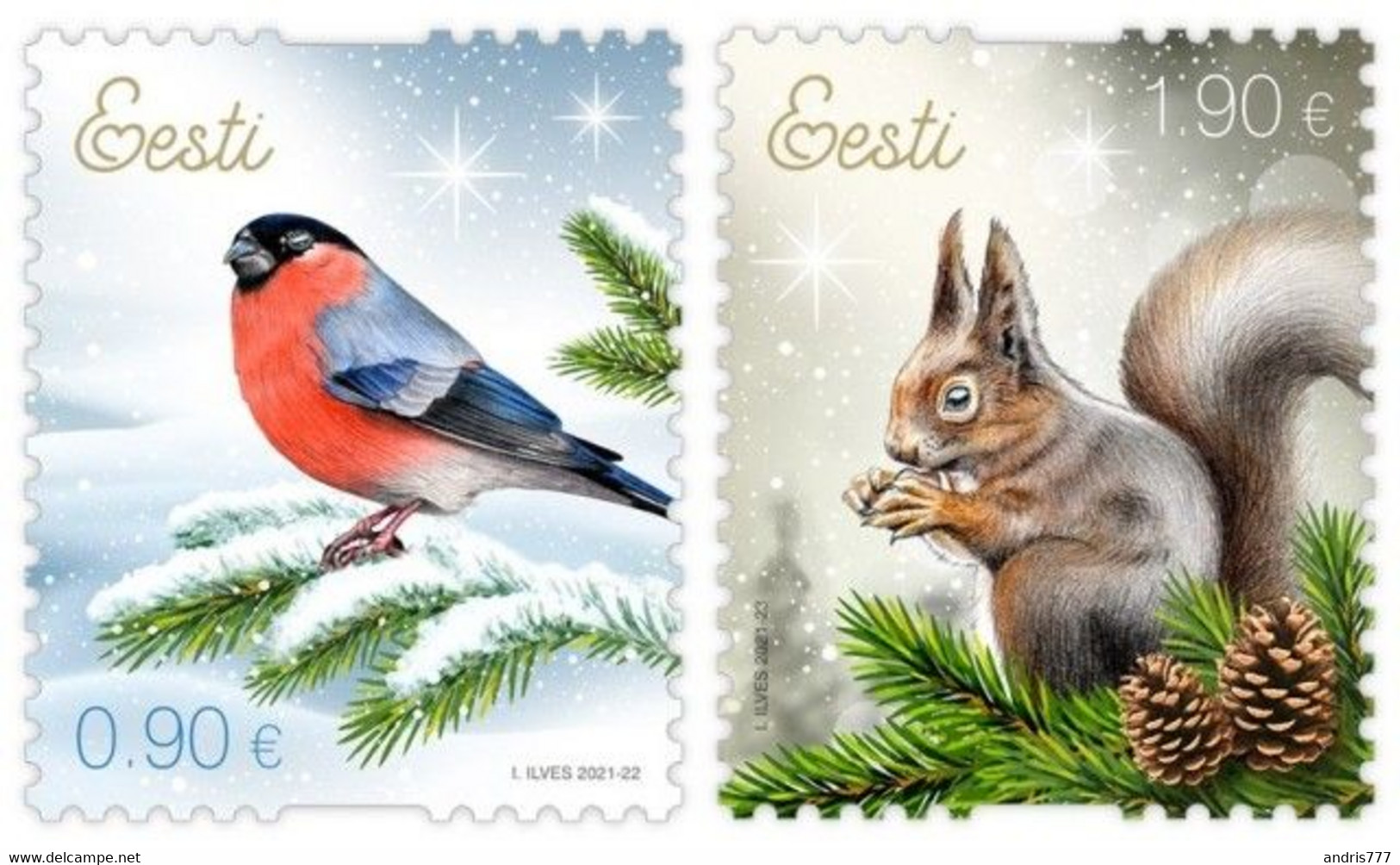 Estonia Estland Estonie 2021 (20) Christmas - Bird - Eurasian Bullfinch - Squirrel - Estland