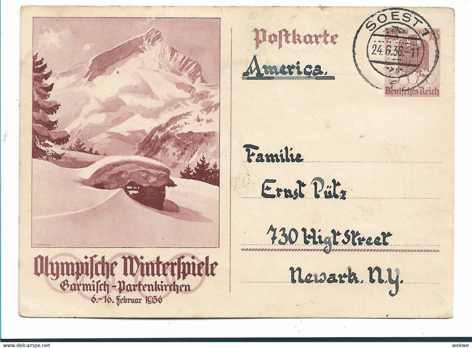 Oyw048 / Olympiade Dt. Reich - P 260 Bedarfsverwendet In Die USA Ex Soest, 24.6.36 - Inverno1936: Garmisch-Partenkirchen