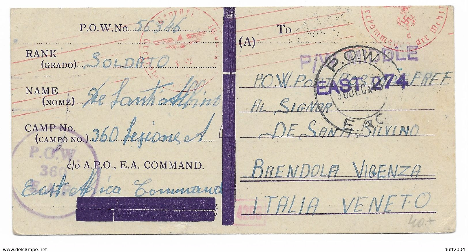 PRIGIONIERI DI GUERRA - DA P.O.W.360 - EAST AFRICA A BRENDOLA - 27.12.1943. - Military Mail (PM)