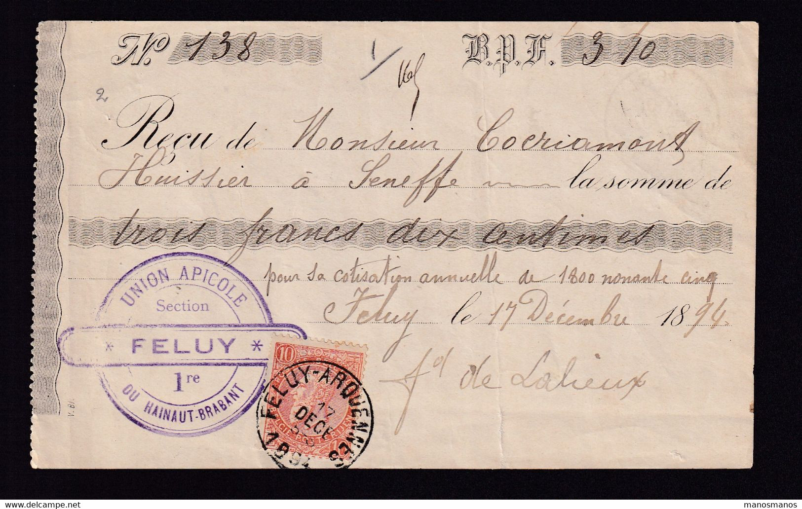 DDAA 351 - BELGIUM ABEILLE / BEE - Reçu TP Fine Barbe FELUY-ARQUENNES 1894 - Cachet Union Apicole Du Hainaut , FELUY - Abeilles