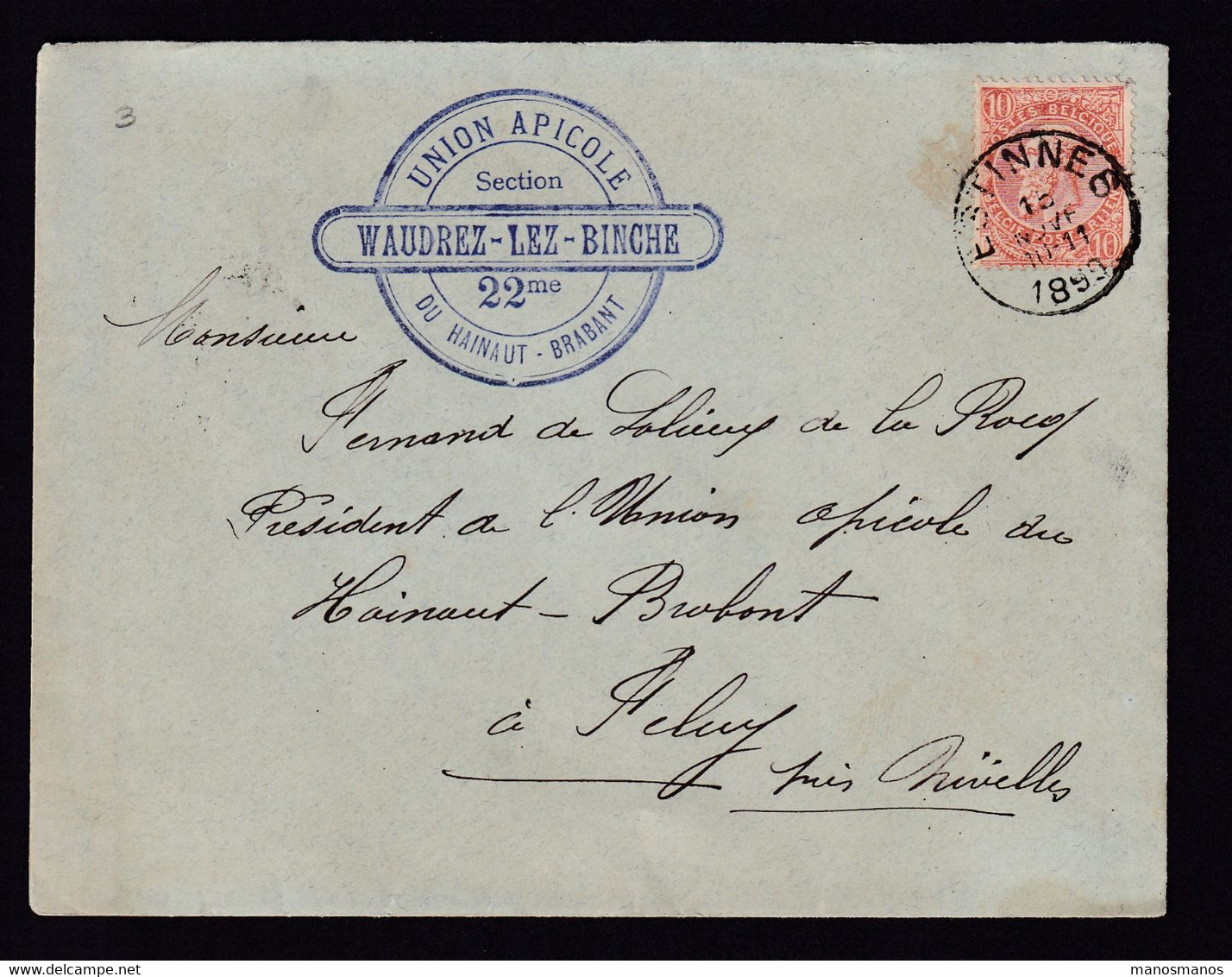 DDAA 352 - BELGIUM ABEILLE / BEE -  TP Fine Barbe ESTINNES 1899 - Cachet Union Apicole Du Hainaut , WAUDREZ Lez BINCHE - Abeilles