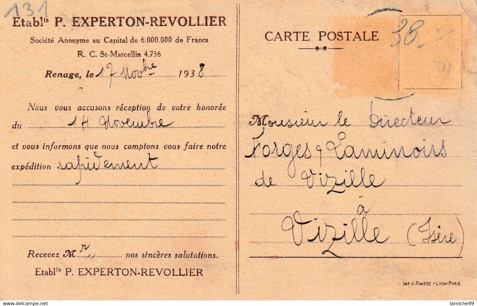 RENAGE (Isère) EXPERTON REVOLLIER Aciérie Fonderie Carte Publicitaire 1938 - Renage