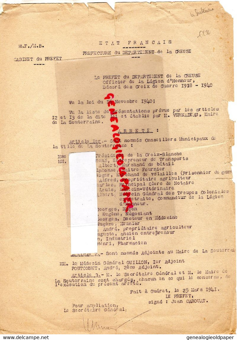 23- LA SOUTERRAINE-CABINET PREFET JEAN CABOUAT-25 MARS 1941-VERNADEAU MAIRE  LIBERATION-RESISTANCE-GUERRE 1939-1945- - Historical Documents