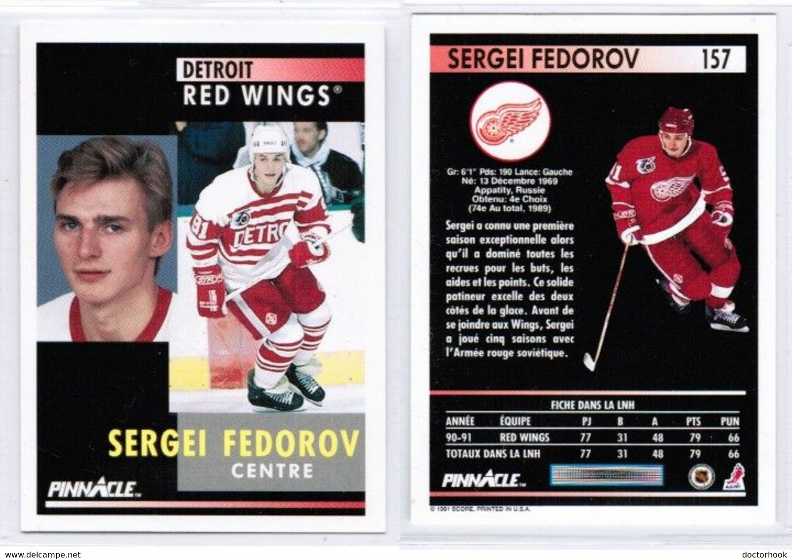 SERGEI FEDEROV---PINNACLE-(FRENCH) "ROOKIE CARD" 1991-2 (NHL--1-5) - 1990-1999