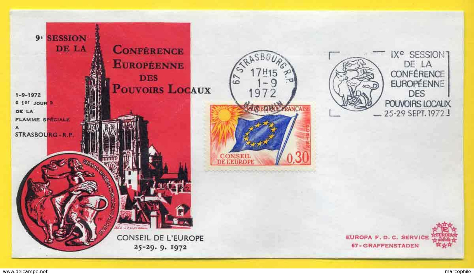 SERVICE - STRASBOURG / 1972  OB. FDC CONFERENCE POUVOIRS LOCAUX SUR LETTRE (ref 104) - Lettres & Documents