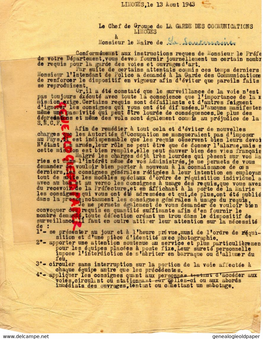 23- LA SOUTERRAINE- 87-LIMOGES-BRIGADE N° 9 LAURIERE- DESMOULINS -13-8-1943-SNCF LIBERATION-RESISTANCE-GUERRE 1939-1945- - Historical Documents