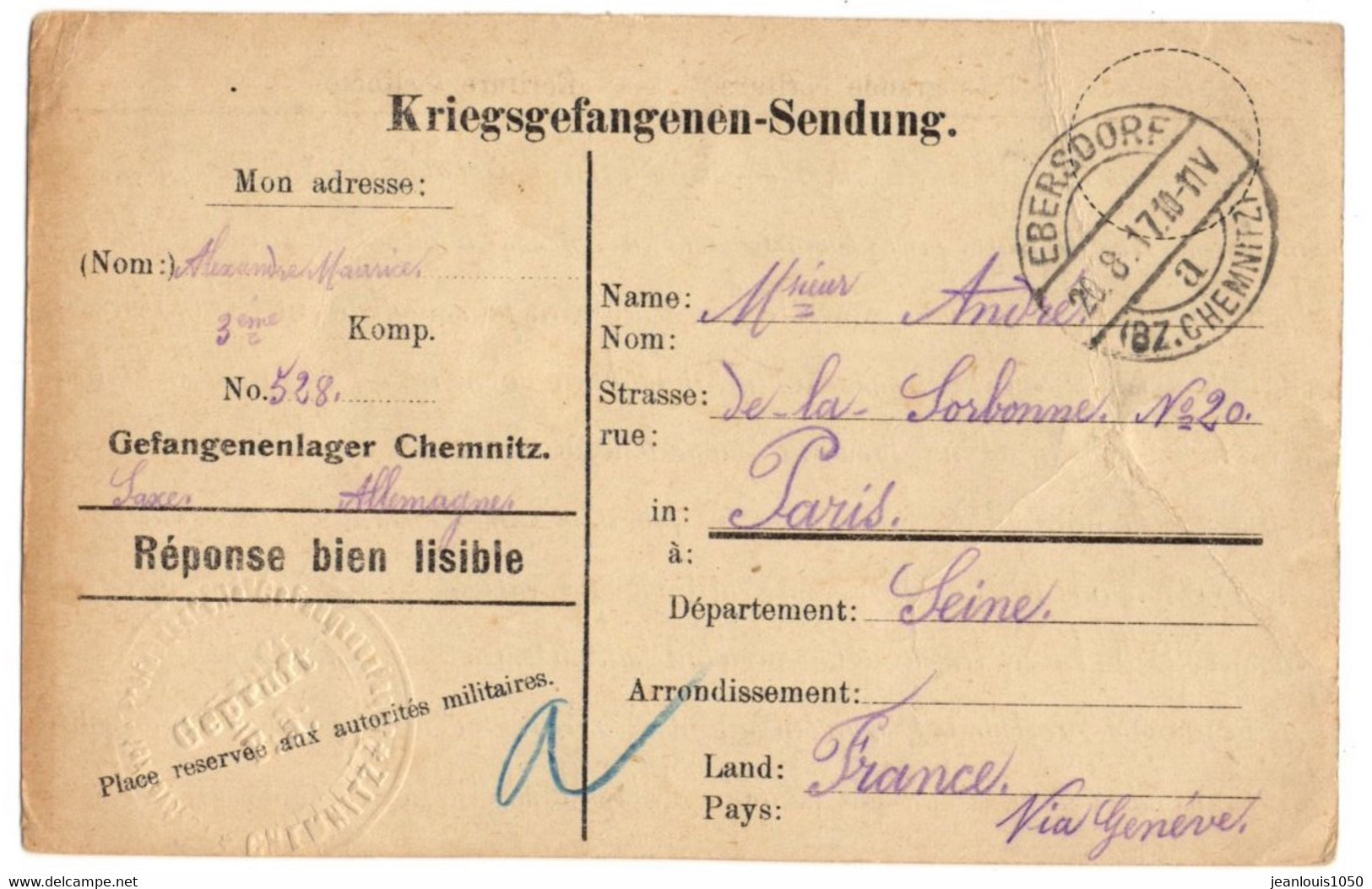 ALLEMAGNE REICH CARTE PRISONNIER DE GUERRE (KG) CHEMITZ OBLITEREE POUR LA FRANCE CENSURE - Covers & Documents