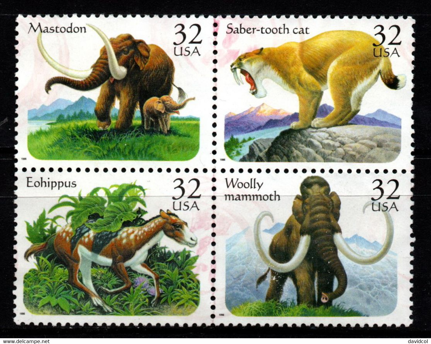 S022T - USA, 1996 - SC#: 3077-3080 - USED - PREHISTORIC ANIMALS - MAMMOTH, SABER.TOTH CAT, MASTODON, EOHIPPUS - Gebraucht