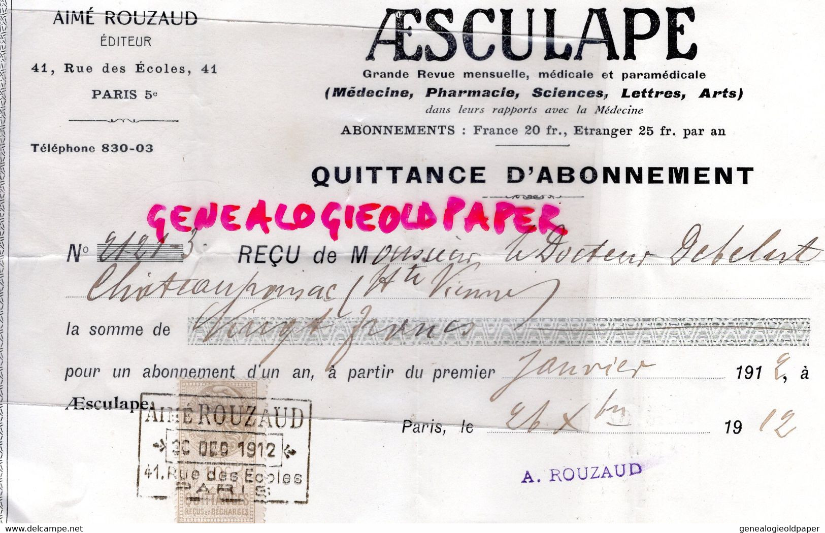 87- CHATEAUPONSAC-QUITTANCE AIME ROUZAUD EDITEUR 41 RUE ECOLES PARIS-AESCULAPE-DOCTEUR DEBELUT-MEDECIN-1912 - Historical Documents