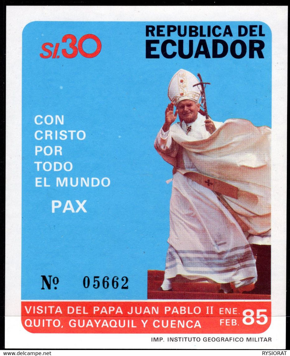 REPUBLICA DEL ECUADOR - NUMBERED STAMP SHEET -  POPE JOHN PAUL II - BLOCK MINT NOT HINGED SOUVENIR, 48 - Papas